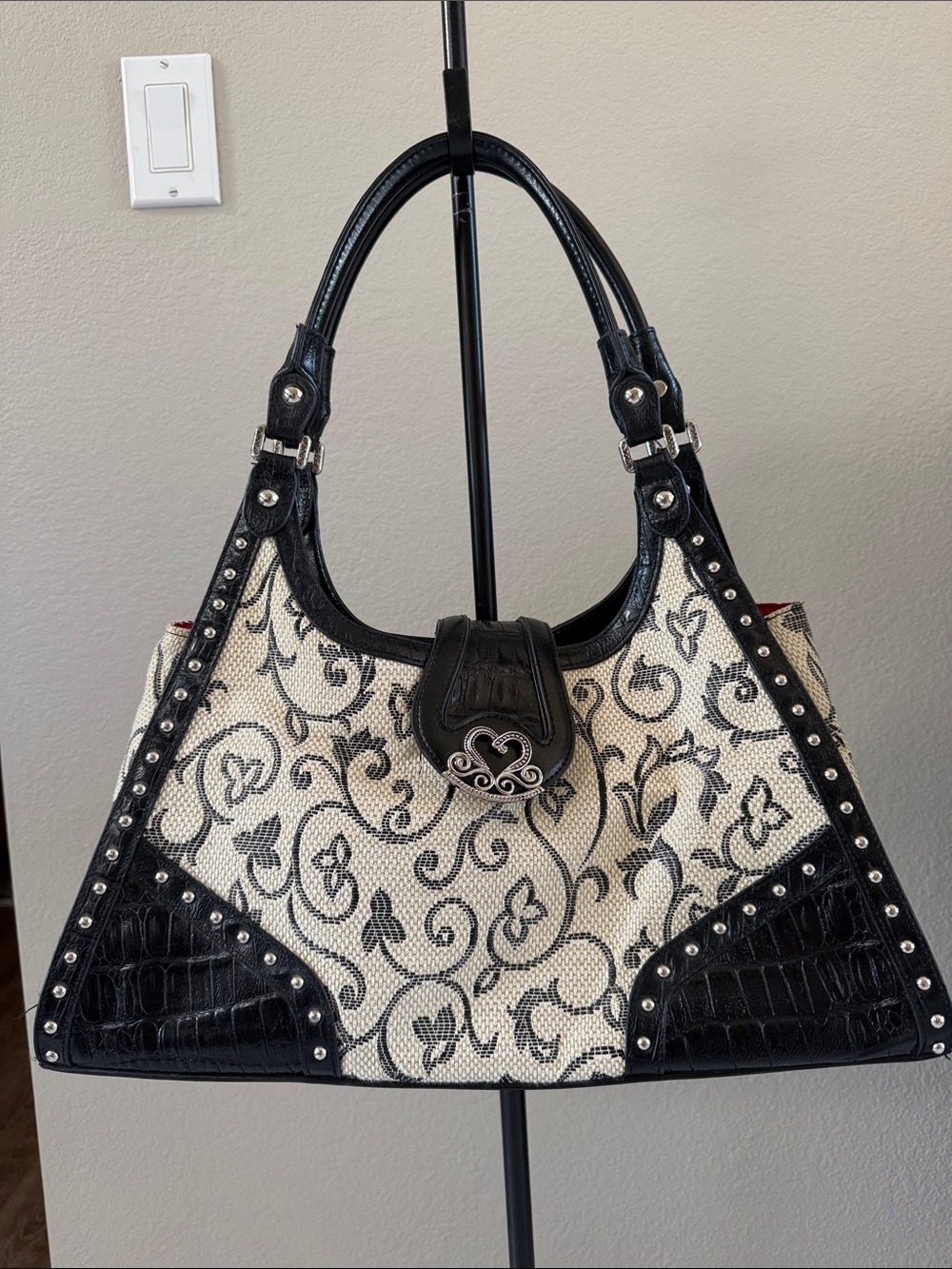 M.C. Marc Chantal Black & Cream Floral Embossed Shoulder Bag